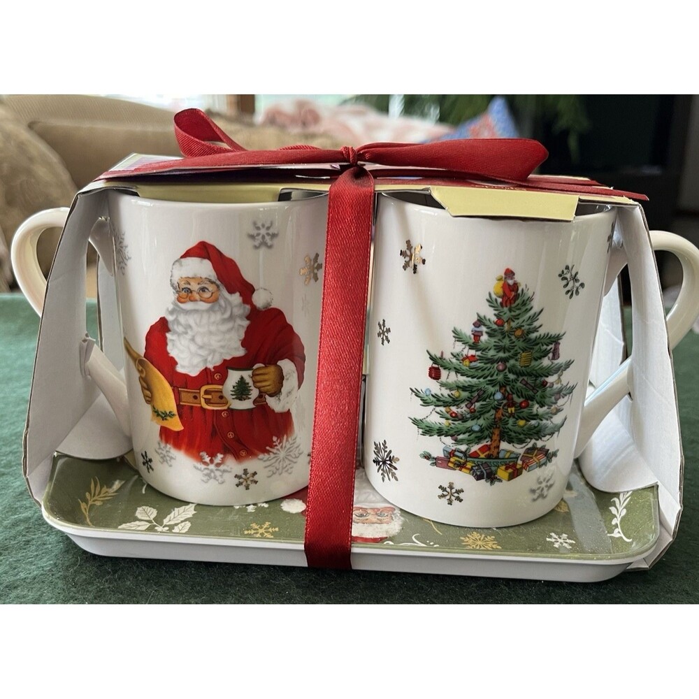 Spode Christmas Tree 3 PC SET Porcelain Mugs & Plastic Tray Santa Claus Tree
